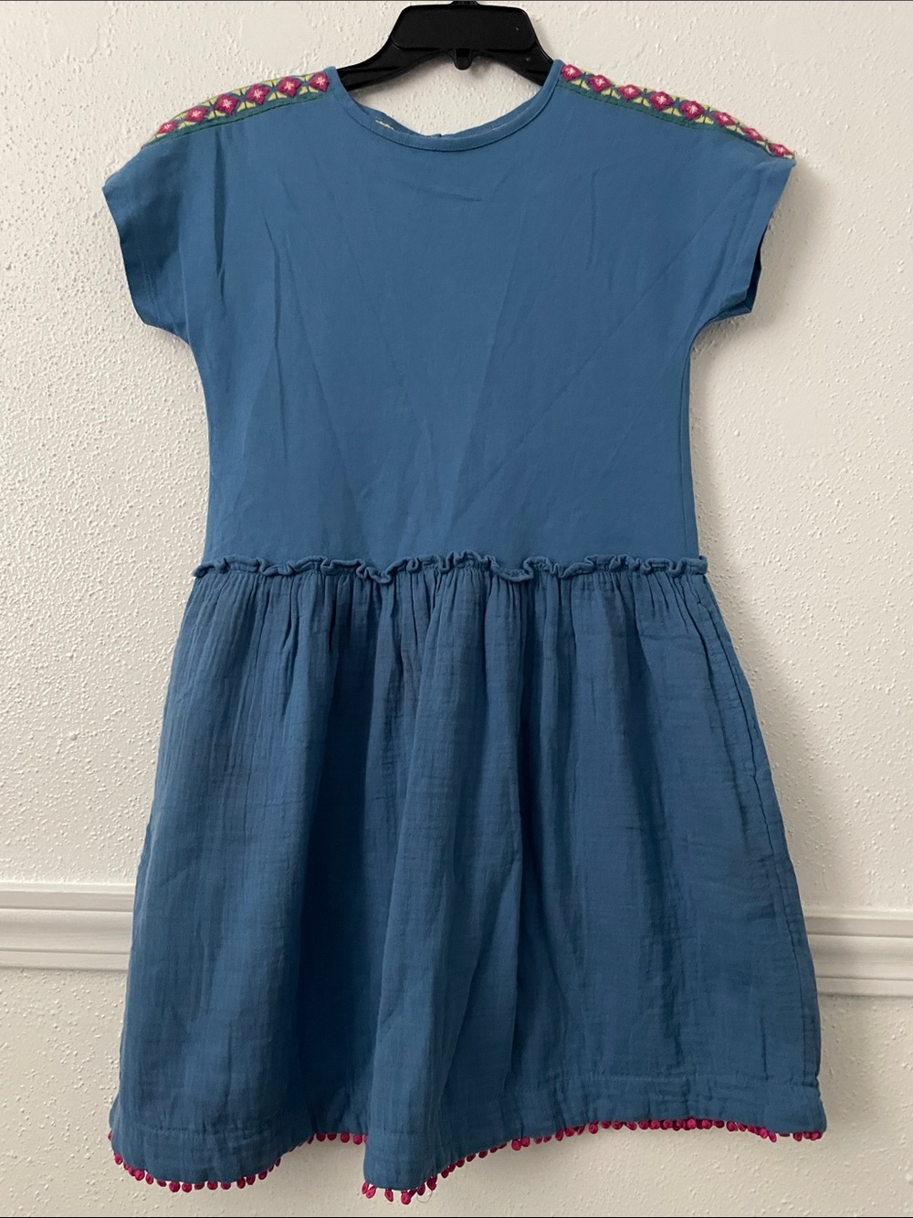Mini Boden Teal-Blue Short Sleeve Dress with Pink Trim